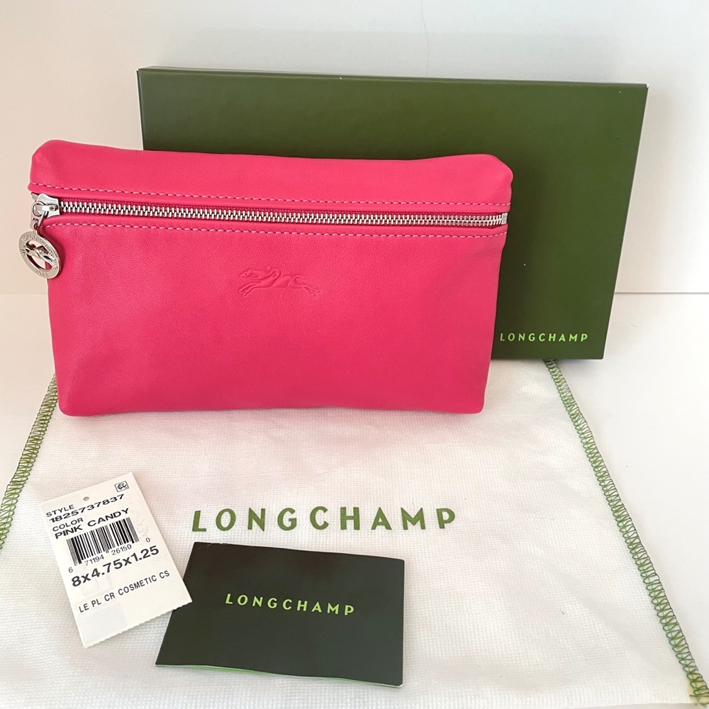 Longchamp Le Pliage Cuir Pouch Candy PINK lambskin leather Made in France - Picture 2 of 12